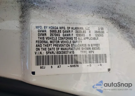 2003 Honda Odyssey Ex-L z USA, uszkodzony, nr VIN 5FNRL180X3B071415